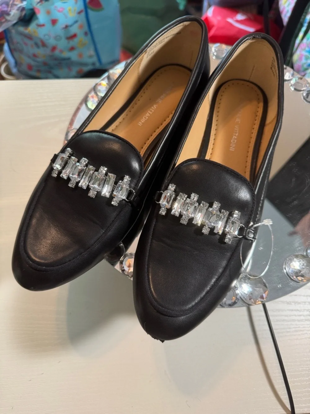 Adrienne Vittadini Women’s Black Loafers with Crystal Trim, NWOT